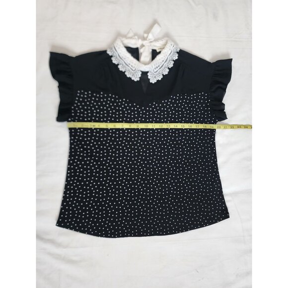 Faith And Joy Women's Black Polka Dot Eyelet Lace Collar Blouse Size Medium - Picture 9 of 12